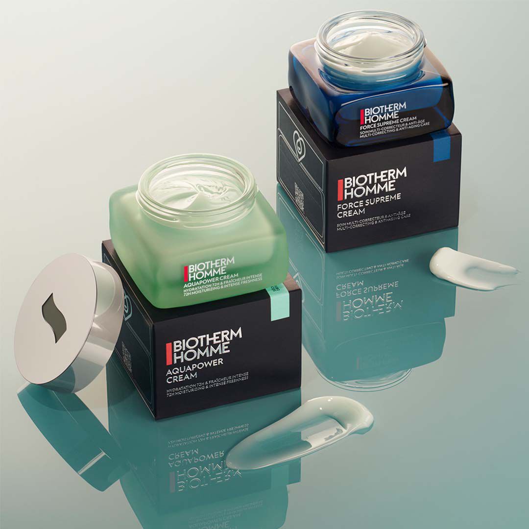 Produktabbildung: Aquapower Cream und Force Supreme Cream von Biotherm fur die Pflege von Mannerhaut.