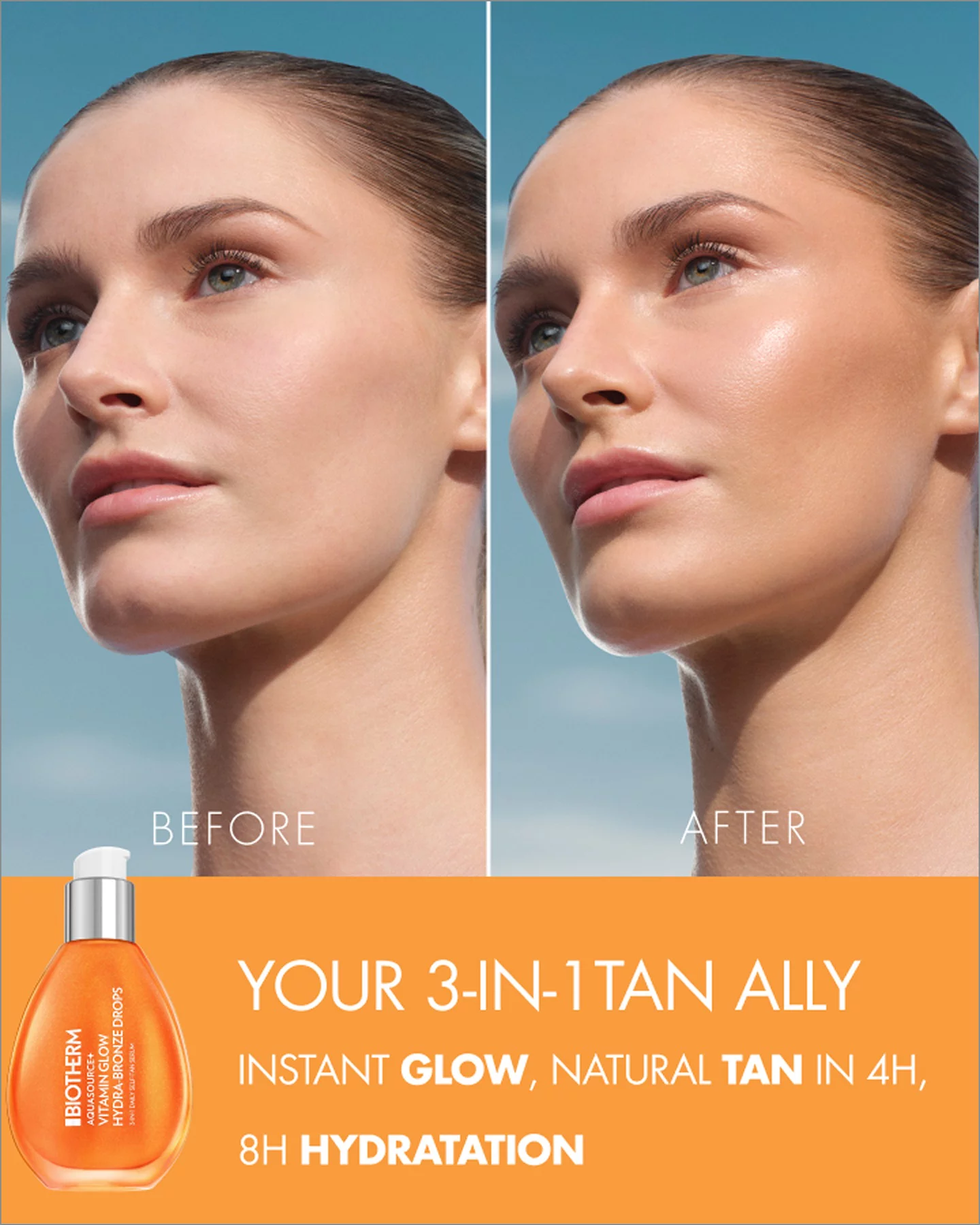 Side-by-side beauty image of a woman’s face labeled ‘Before’ and ‘After.’ In the ‘Before’ image, her skin appears smooth with a natural matte finish. In the ‘After’ image, her skin has a warmer, glowing tan with a more radiant, hydrated look. At the bottom, an orange bottle of ‘Biotherm Autobronzant Aqua Serum’ is shown next to text reading: ‘Your 3-in-1 Tan Ally – Instant Glow, Natural Tan in 4H, 8H Hydration.’