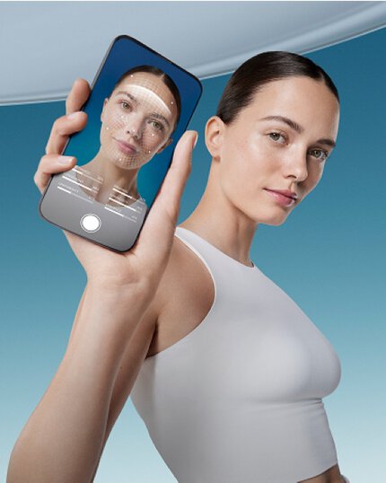 bioscan main banner with woman holding a phone showing the service