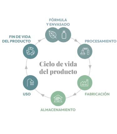 Diagrama titulado “Ciclo de vida del producto” que muestra un ciclo circular con seis etapas: formula y envasado, procesamiento, fabricacion, almacenamiento, uso y fin de vida del producto, cada una acompanada de un icono representativo.
