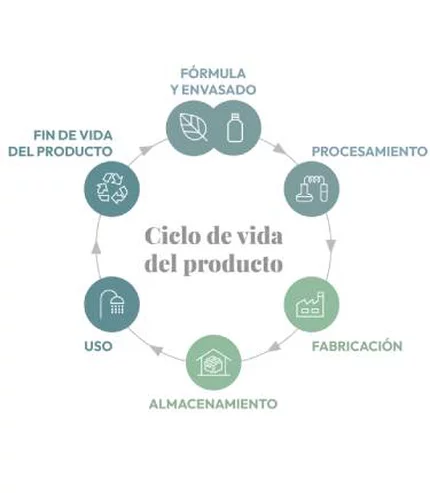 Diagrama titulado “Ciclo de vida del producto” que muestra un ciclo circular con seis etapas: formula y envasado, procesamiento, fabricacion, almacenamiento, uso y fin de vida del producto, cada una acompanada de un icono representativo.