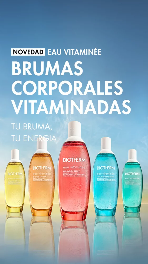 Cinco frascos coloridos de Eau Vitaminee de Biotherm alineados sobre un fondo degradado en tonos azul y amarillo, con texto promocional destacando el lanzamiento de las brumas corporales vitaminadas.